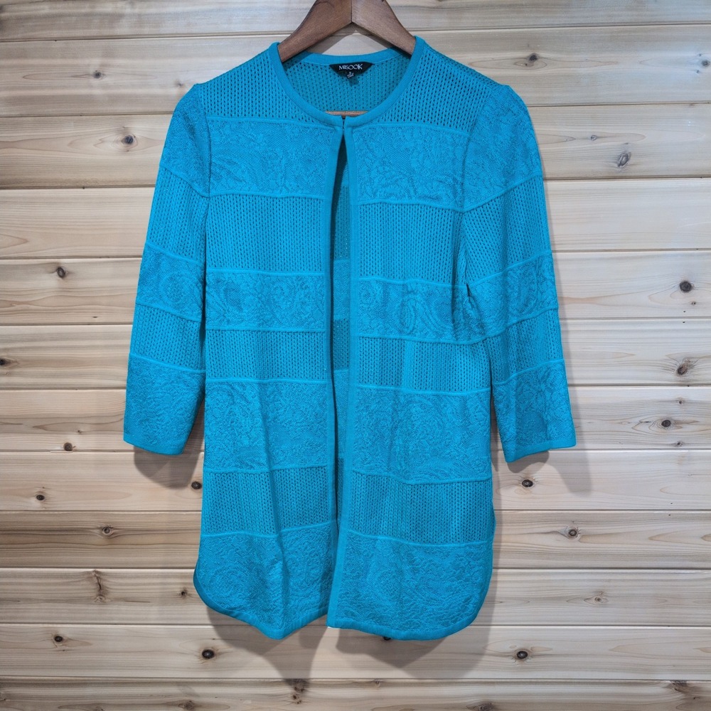 Misook Turquoise Blue Knit‎ Open Front Cardigan Floral Mesh 3/4 Sleeve Small
